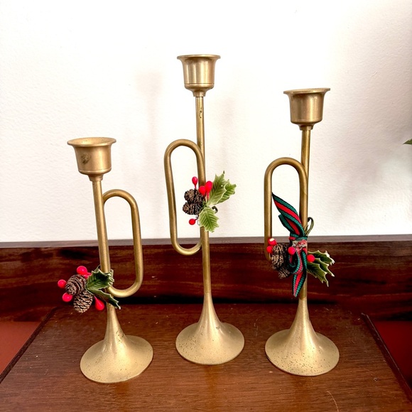 Vintage Other - Vintage Brass Bugle Horn Candlestick Decor Trumpet Christmas Farmhouse Decor